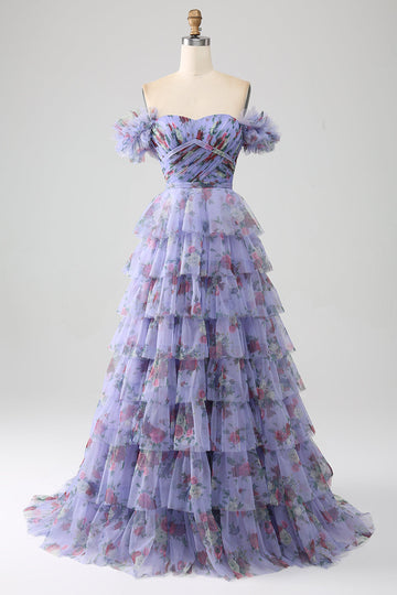 Off the Shoulder Floral Printed Tiered Ball Dress with Pleated